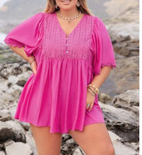 Load image into Gallery viewer, Plus Size Lace Detail V-Neck Half Sleeve Romper
