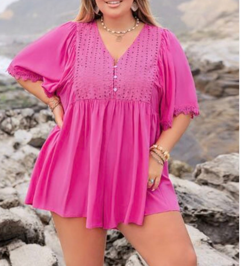 Plus Size Lace Detail V-Neck Half Sleeve Romper