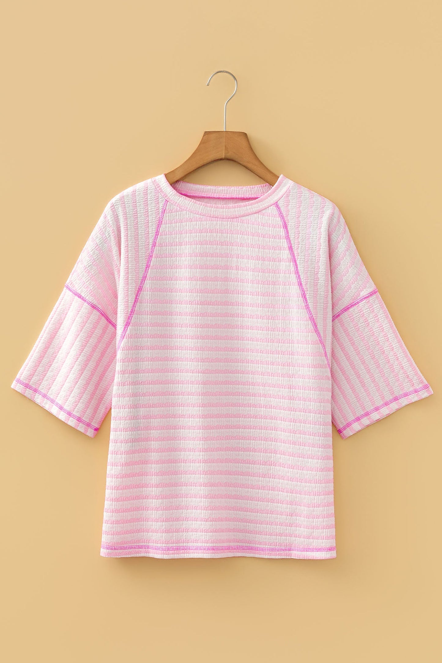Noelle Textured Knit Split Hem Half Sleeve Loose Top - Pink Indie & Co.