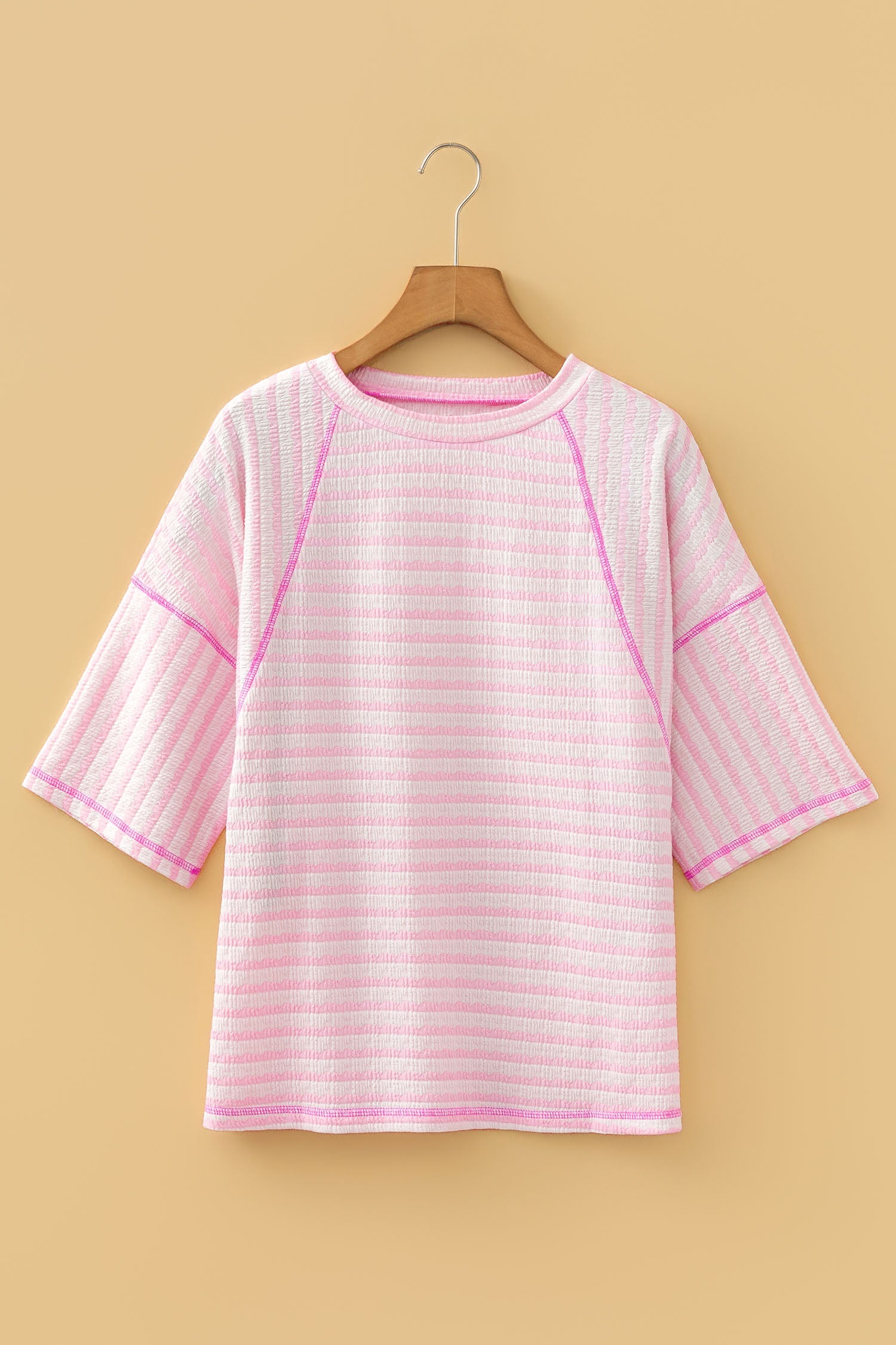 Noelle Textured Knit Split Hem Half Sleeve Loose Top - Pink Indie & Co.