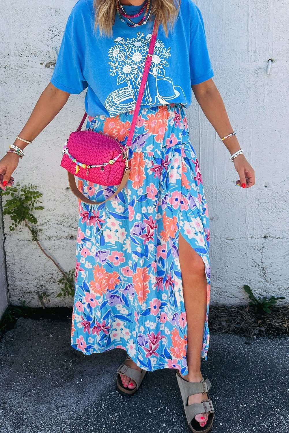 Sky Blue Floral High Waist Split Wrap Long Skirt