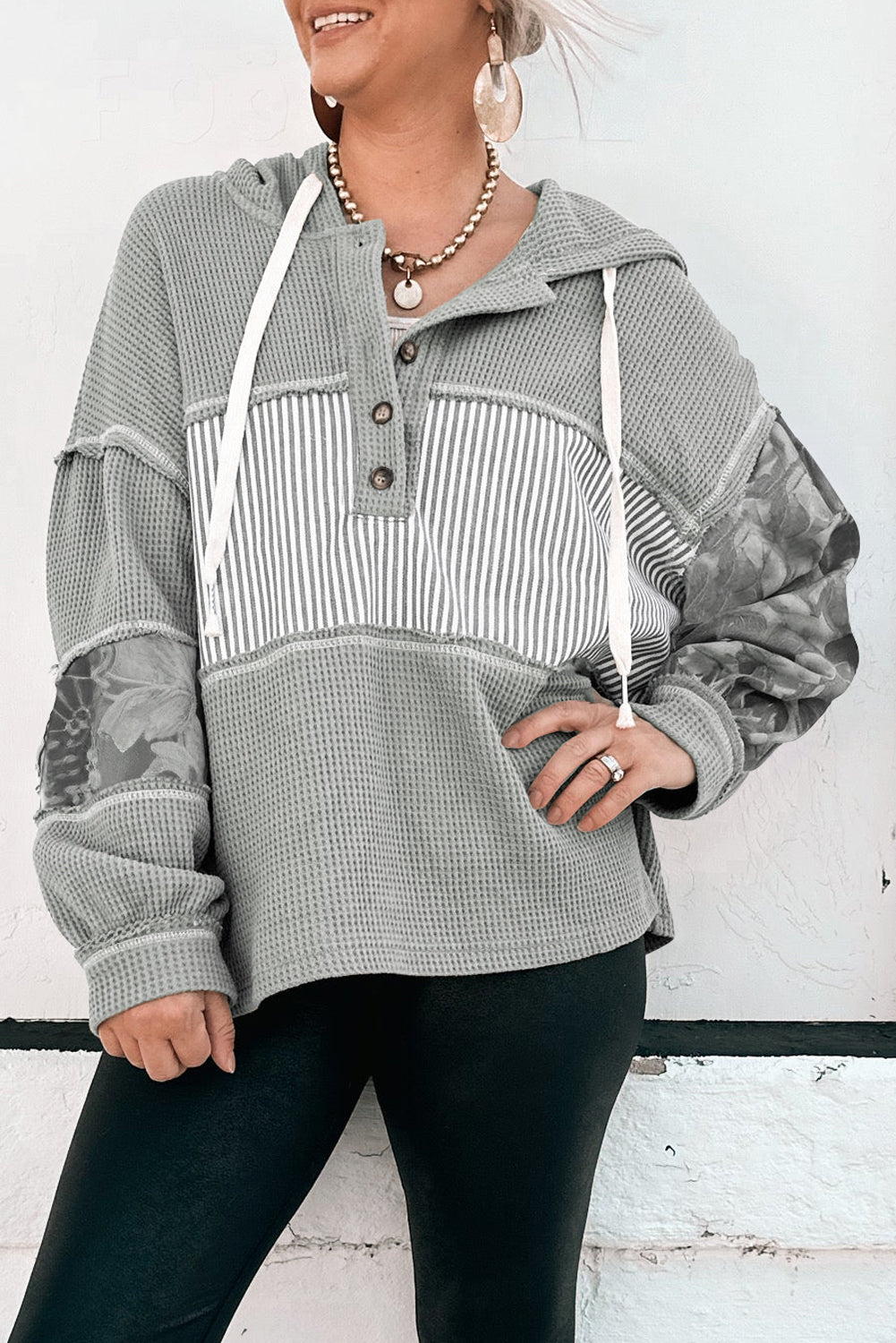 White Waffle Printed Patchwork Drawstring Hooded Long Sleeve Top