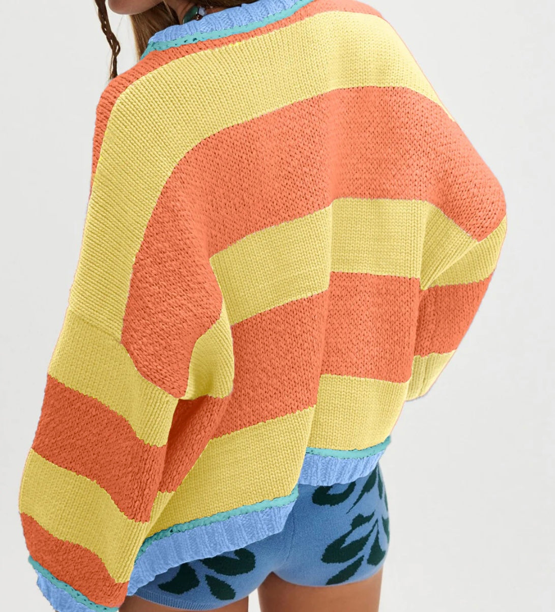Contrasting Trim Round Neck Oversize Sweater