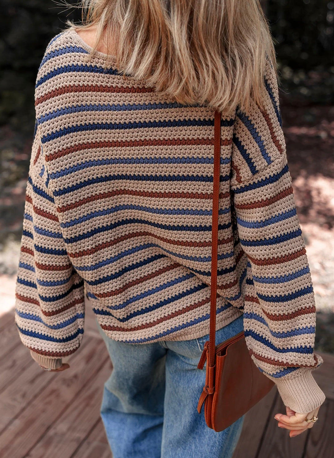 Striped Knitted Drop Shoulder Round Neck Sweater