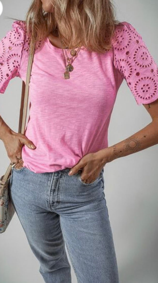 Eyelet Embroidery Scalloped Sleeve Round Neck Top