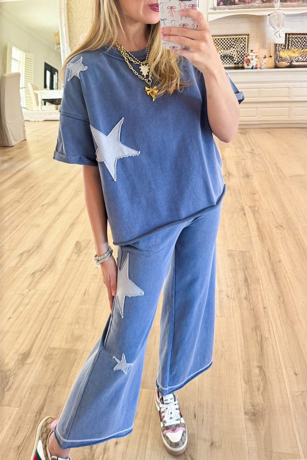 Wash Star Patched Rolled Trim Pants Set-