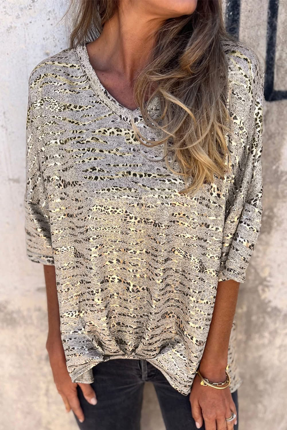 Gray Leopard V Neck Loose Fit T Shirt
