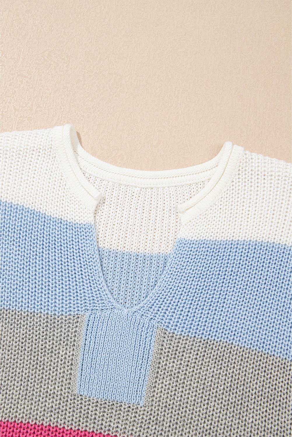 Light Blue Color Block Notch V Neck Sweater T Shirt