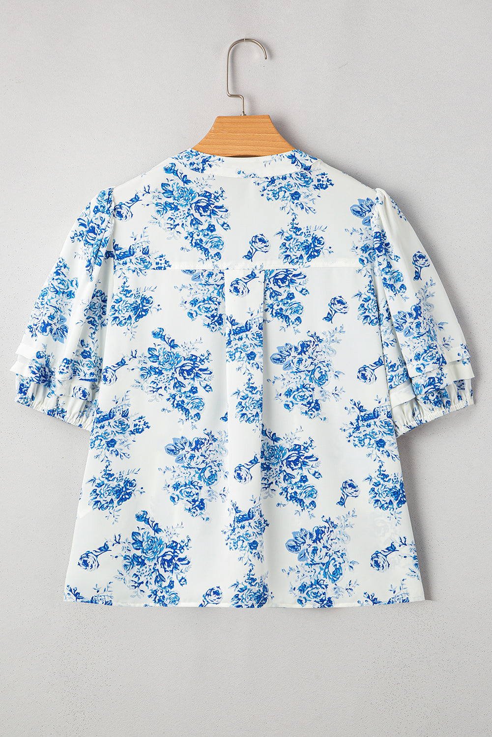 Sky Blue Floral Tiered Puff Short Sleeve Pleated Bust Buttoned Casual Shirt