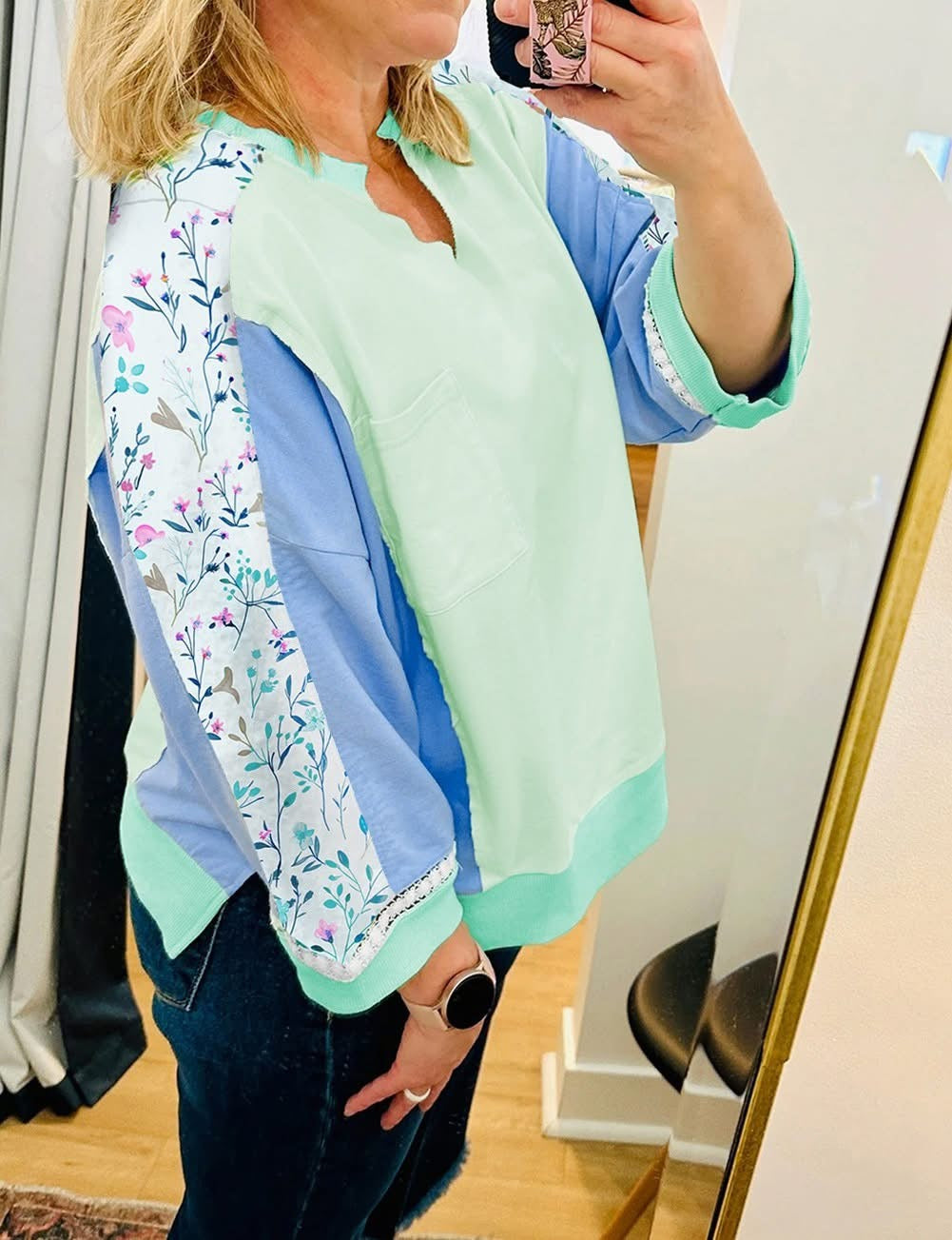Green Floral Notched Plus Size Top