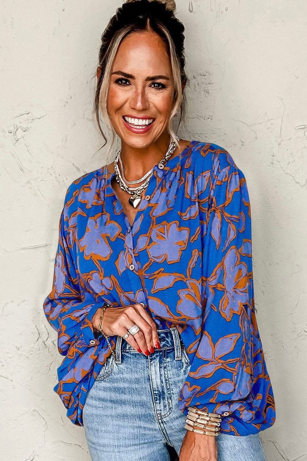 Blue Floral Batwing Loose fit shirt
