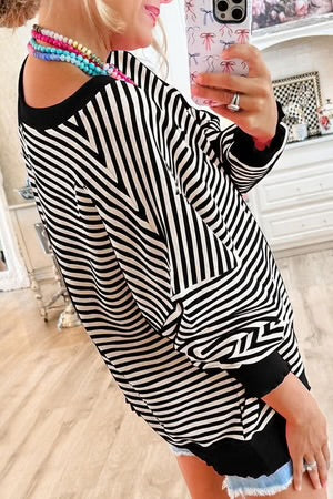 DROP SHOULDER LONG SLEEVE BLACK STRIPED TOP