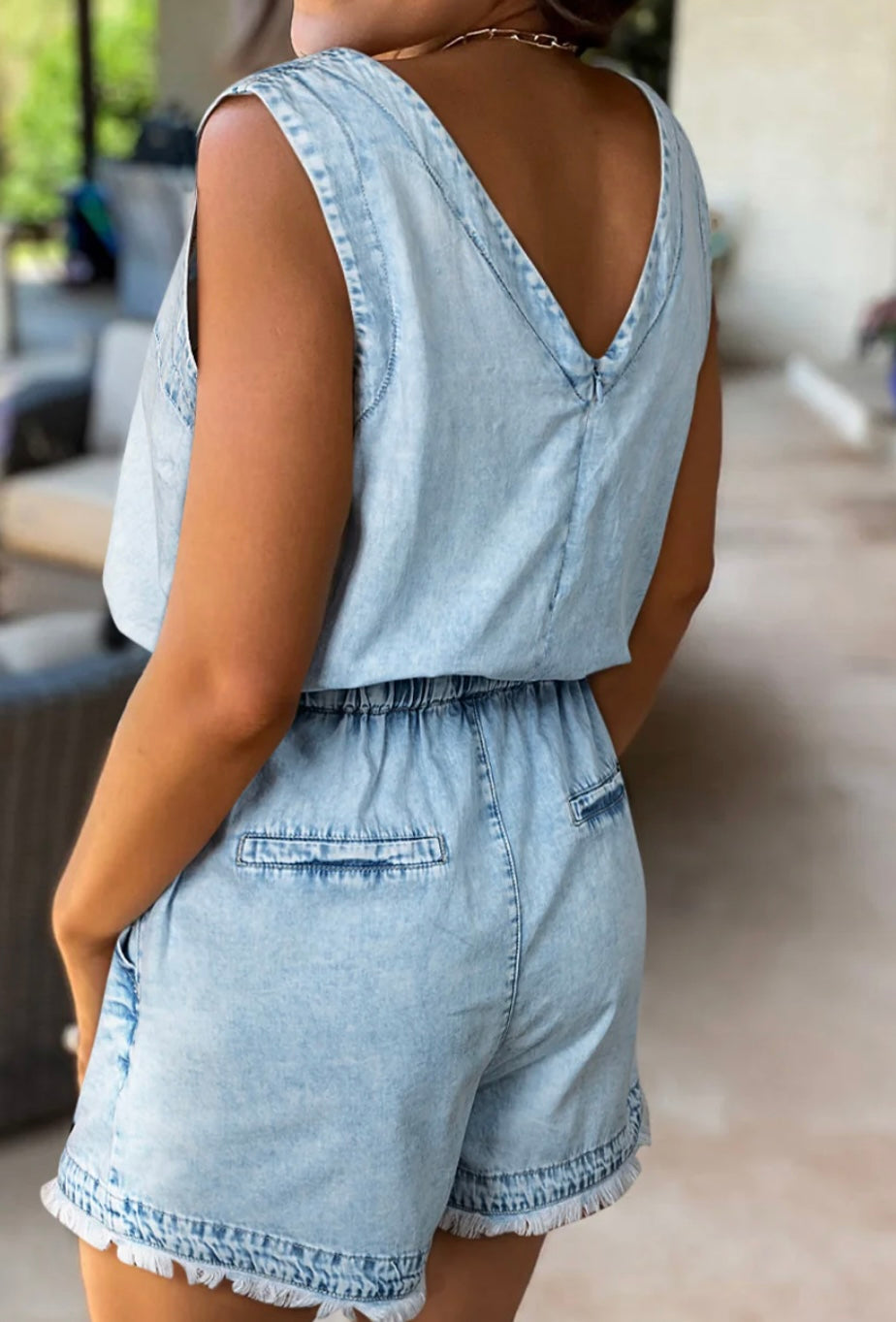 V Neck Raw Hem Denim Romper