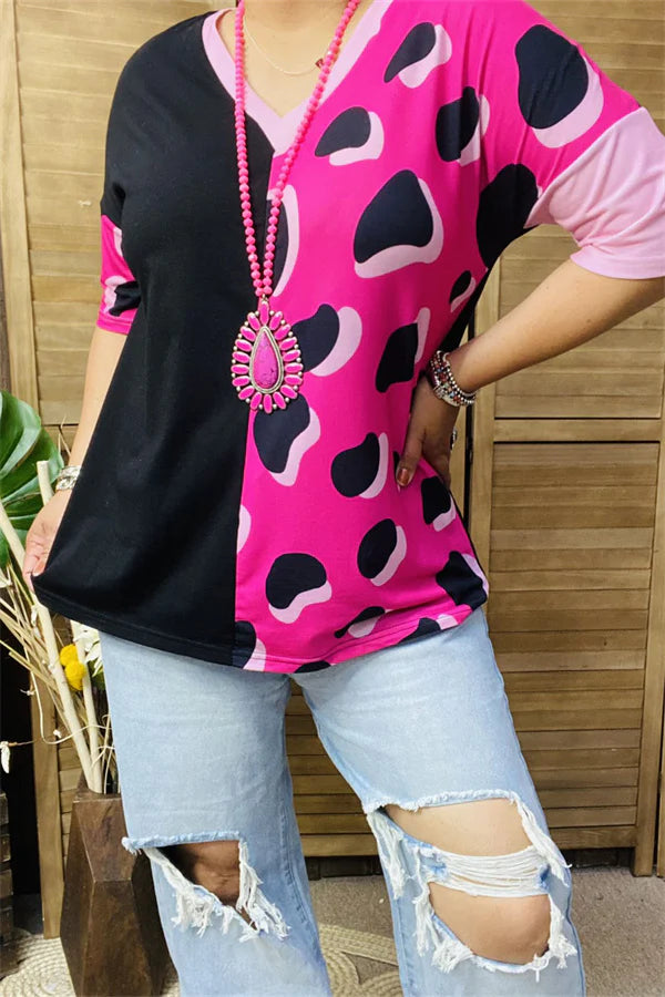Half Black & Fuschia Pink Leopard Top