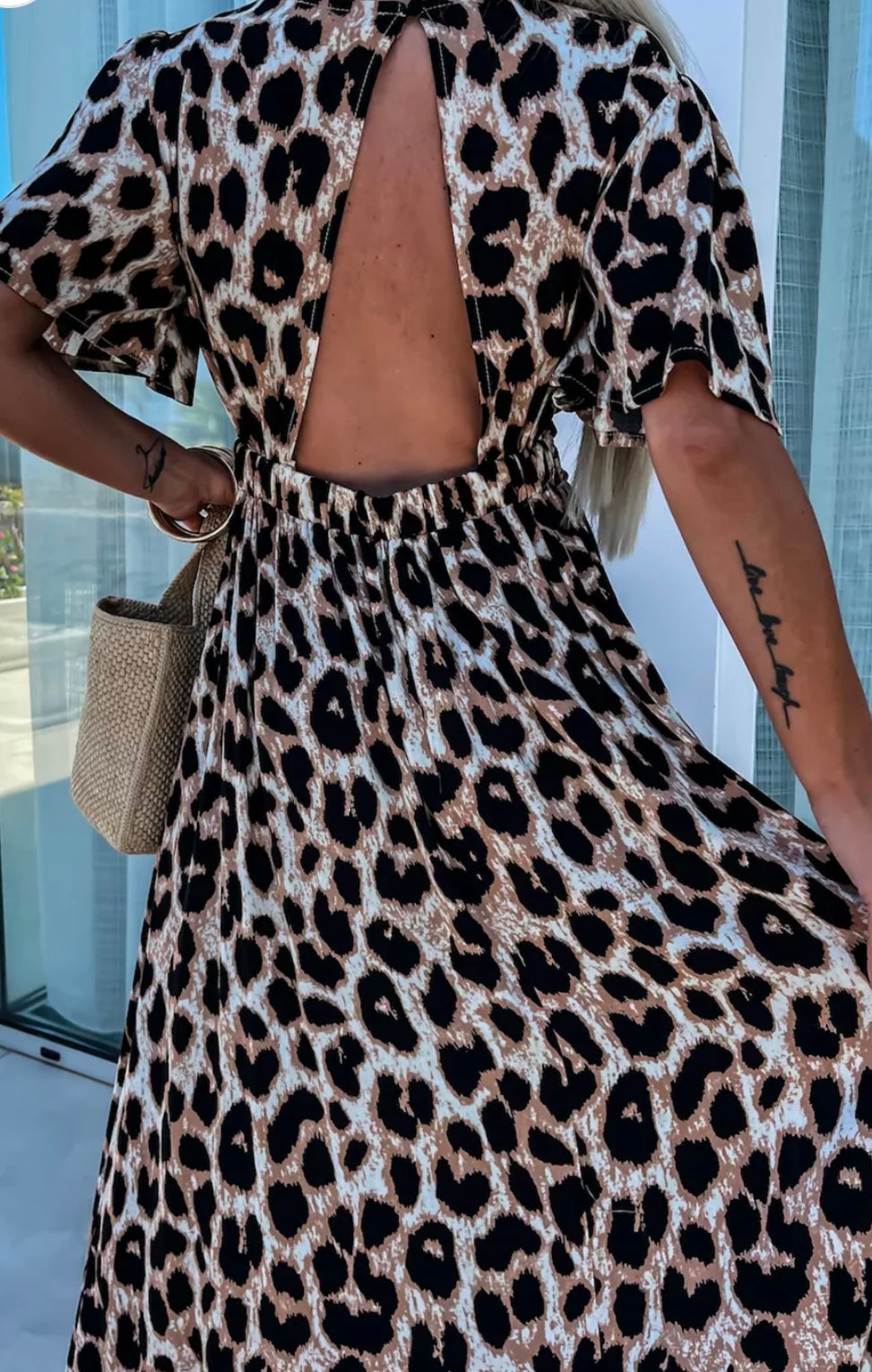 Leopard V Neck Cinched Open Back Maxi Dress