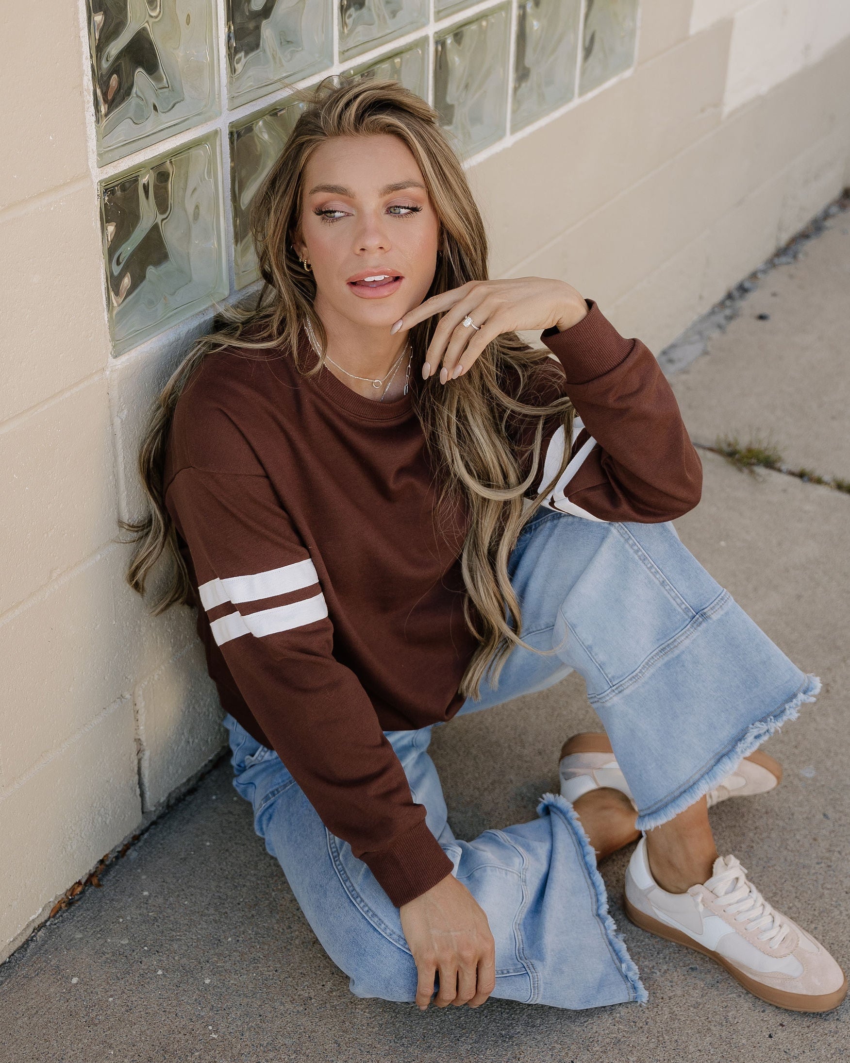 Varsity Striped Sleeve Loose Sweatshirt - Coffee Indie & Co.
