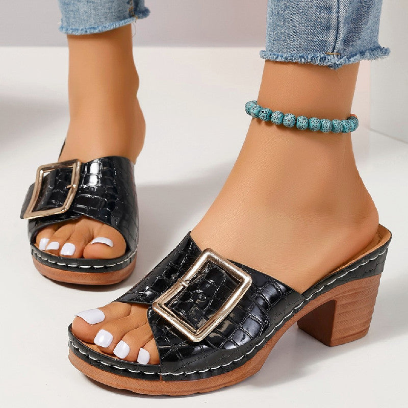 Women's Crocodile-Texture Peep-Toe Chunky Heel Sandals