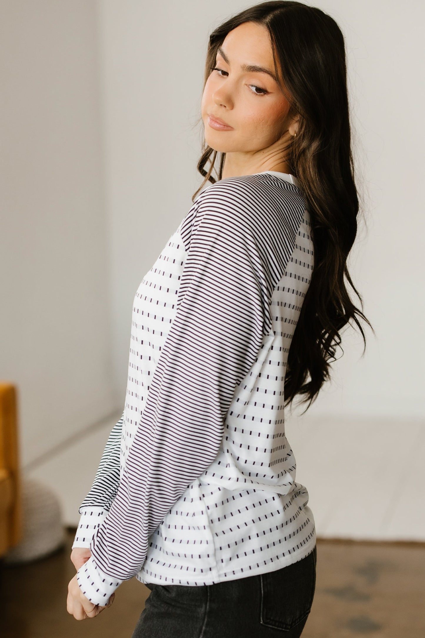 Rose Stripe Raglan Patchwork Long Sleeve Tee Wild and Free Boutique