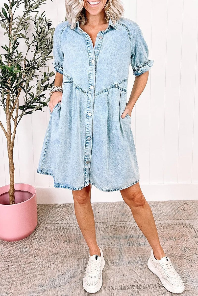 CAREFREE DAYS BEAU BLUE MINERAL WASH BUTTON DENIM DRESS