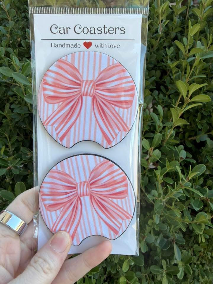 Pink Bow Stripes Car Coasters