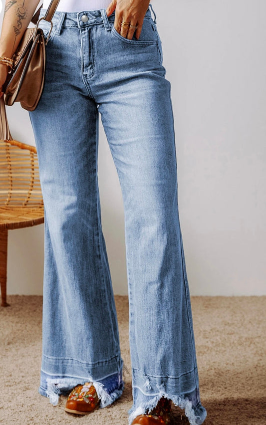 Wash Raw Hem High Waist Flared Jeans