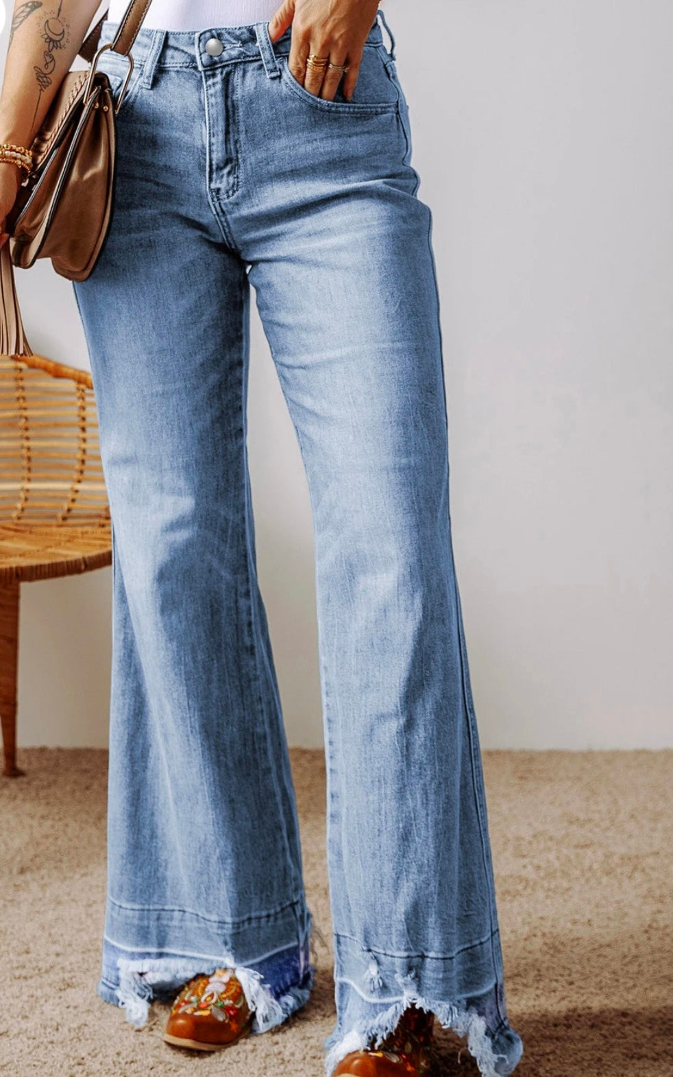 Wash Raw Hem High Waist Flared Jeans
