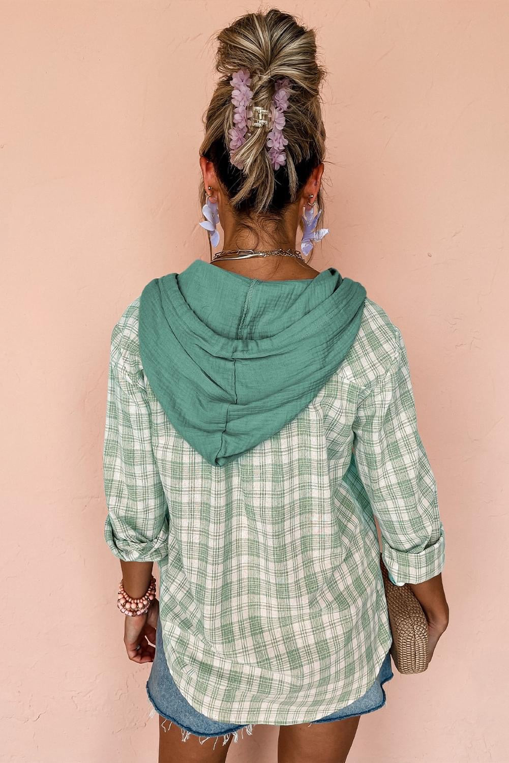 Green Checkered Hooded Shacket