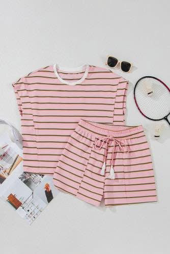 Pink Stripe Wide sleeve Tee shorts set