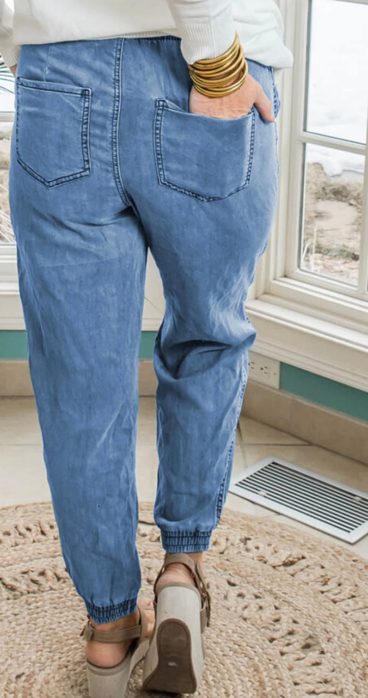 Plus Size Drawstring Waist Pocketed Denim Joggers
