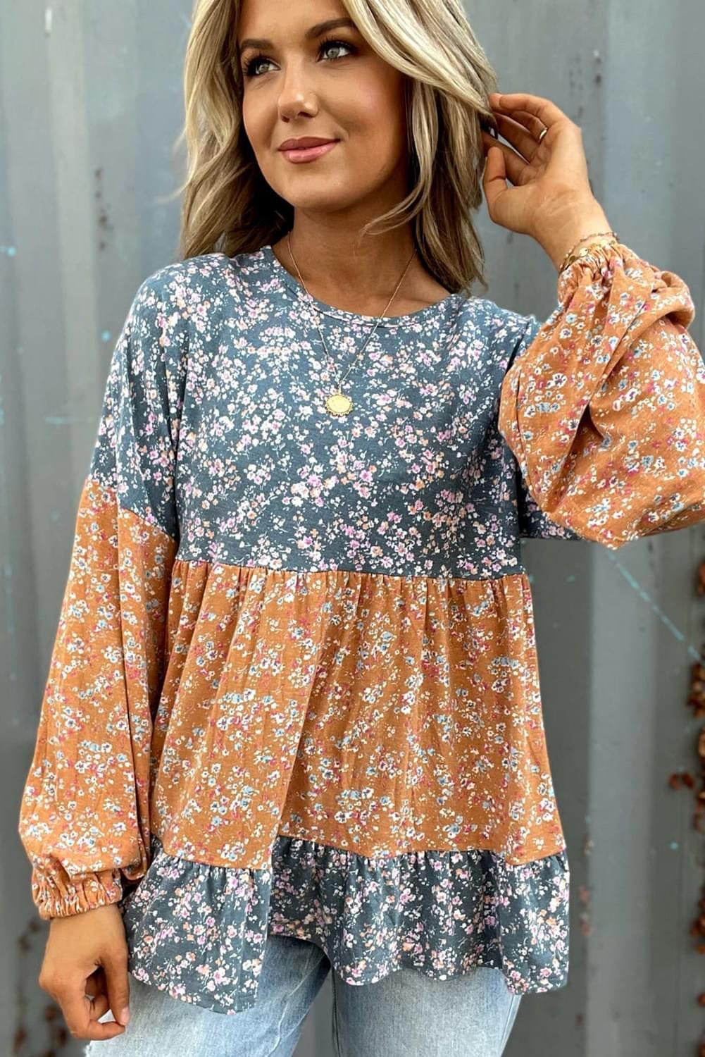 Orange Floral Color Block ruffled blouse