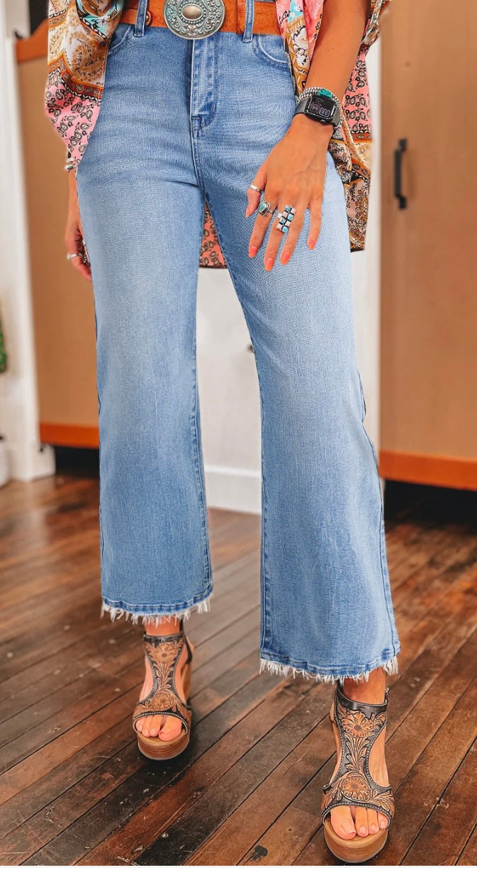 Sail Blue Mineral Wash Raw Hem High Waist Flared Jeans