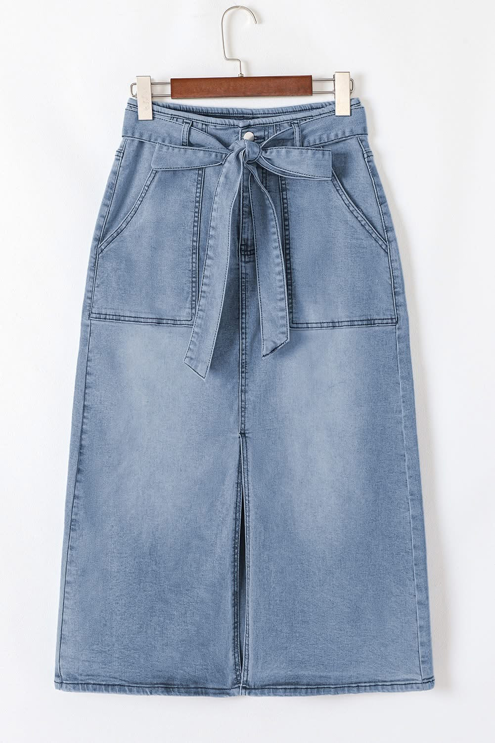 Dusk Blue Light Wash Belted Midi denim SKirt