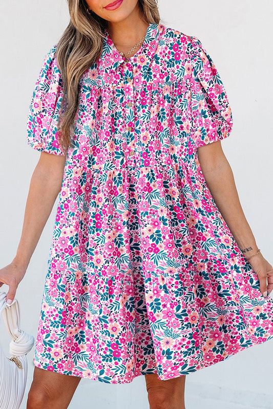 SUMMER FIELDS PINK FLORAL HALF BUTTON MINI DRESS **SHIPPING EXPECTED TO BEGIN ON DATE 4/16**