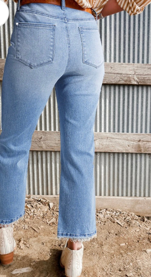 Sail Blue Mineral Wash Raw Hem High Waist Flared Jeans