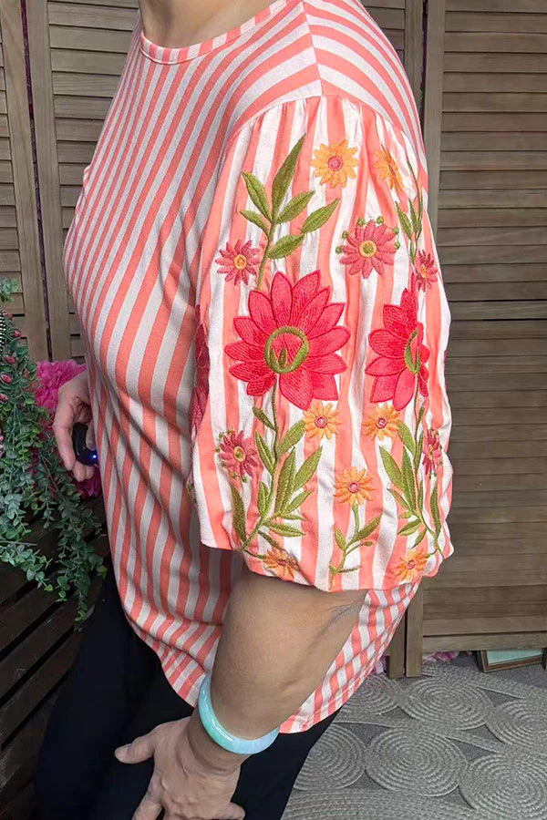 Floral embroidery coral stripes puff spring top