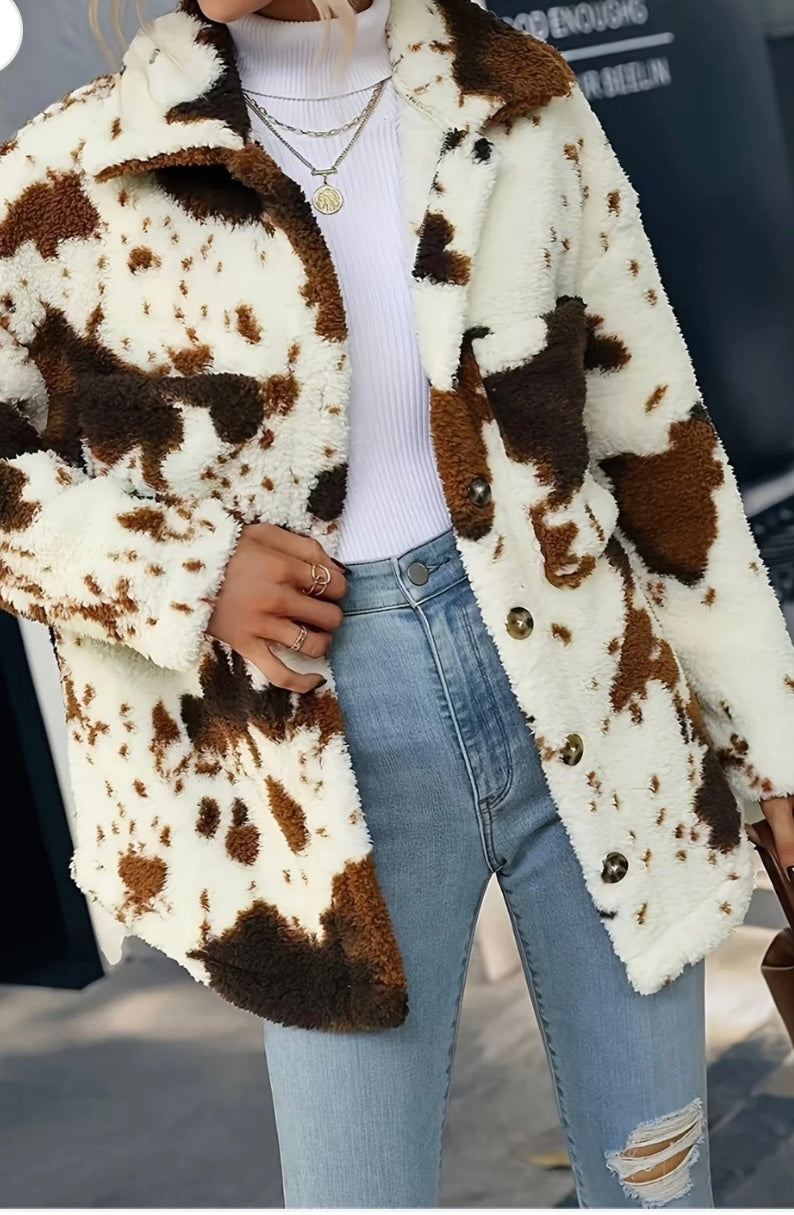 Cow Print Collared Neck Button Up Fuzzy Jacket