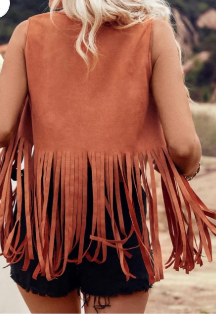Fringe Studded Open Front Vest Coat
