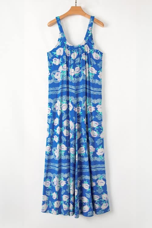 Blue Floral Wide Leg Sleeveless Jumpsuit