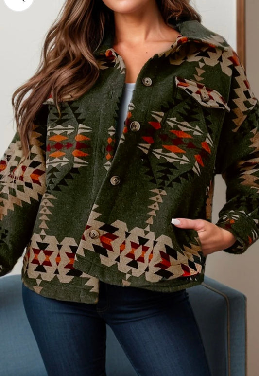 Pocketed Geometric Collared Neck Jacket