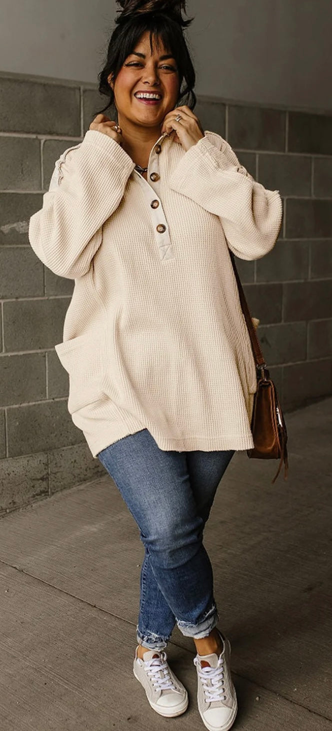 Plus Size Waffle Knit Thermal Henley Tunic Top
