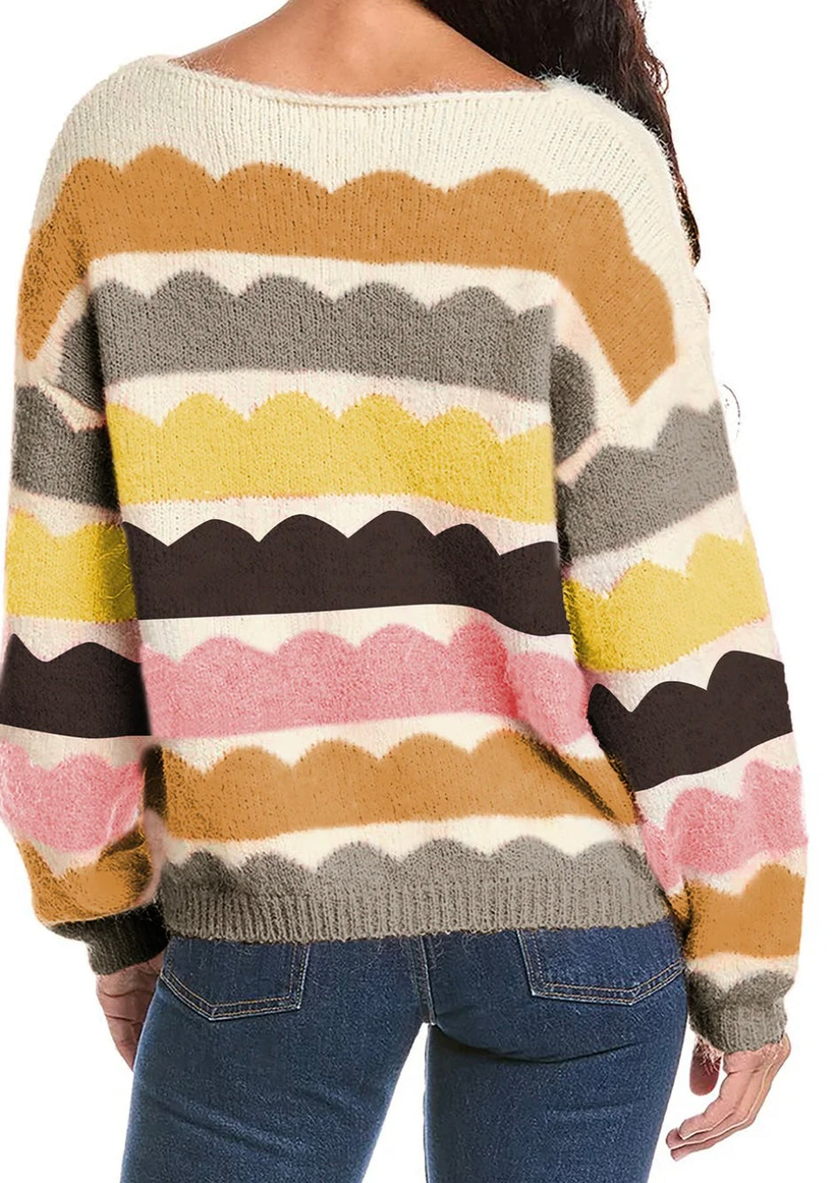 Wave Striped Balloon Sleeve Loose Sweater-(Ships 9/22)
