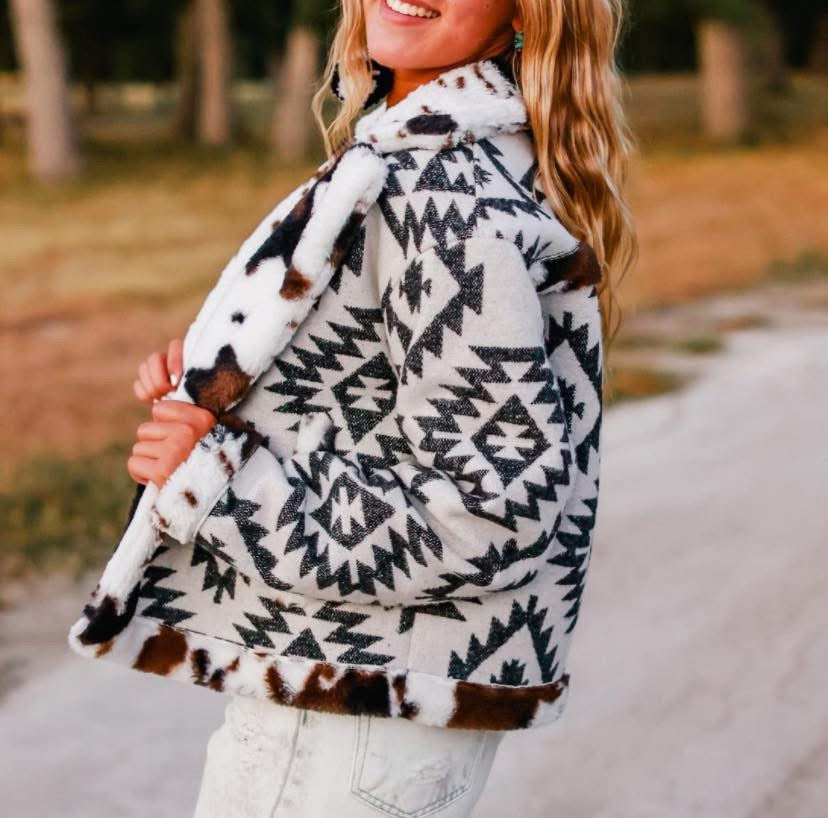 Aztec Cow Print Sherpa Jacket