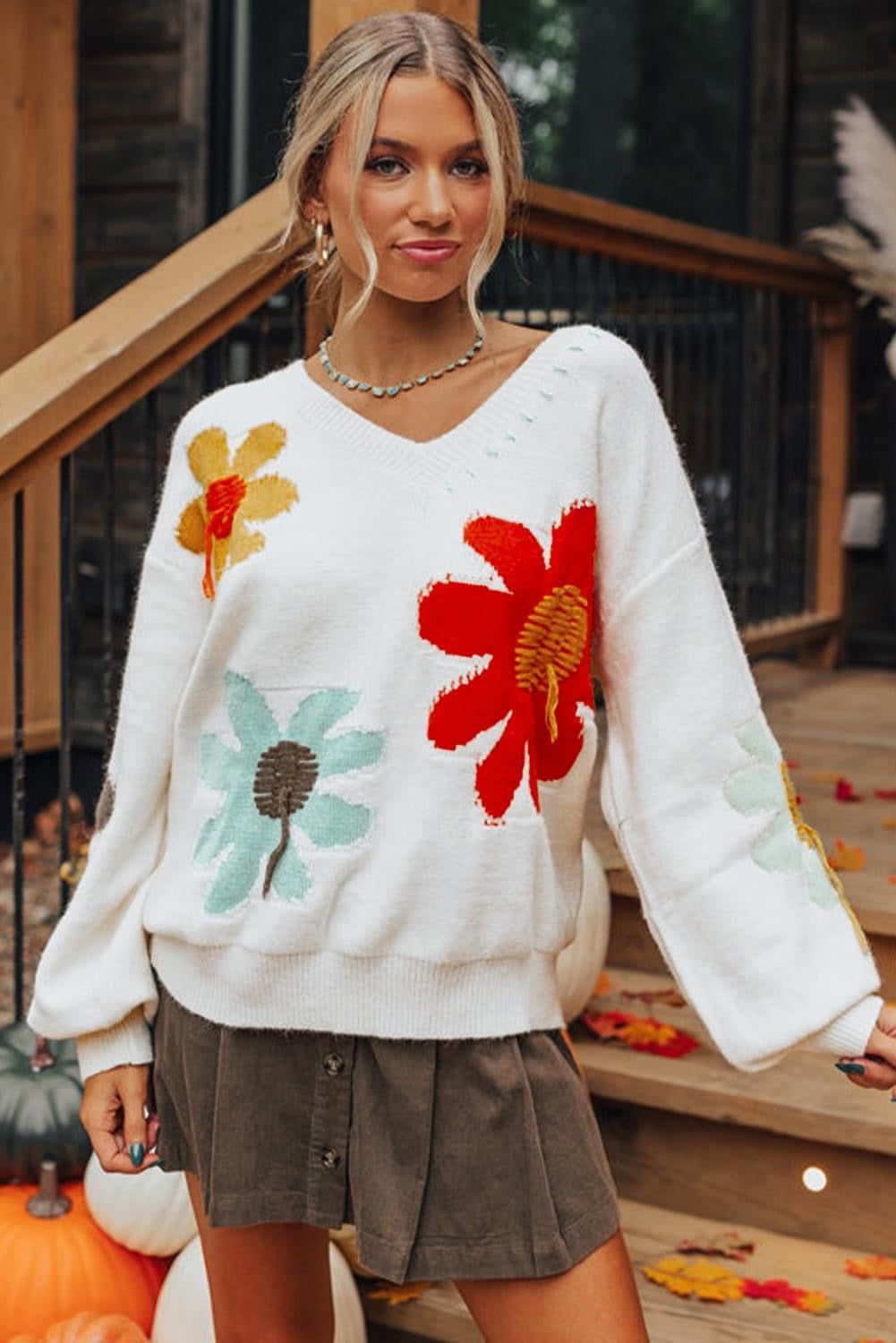 White Big Flower Pattern V neck 
Sweater