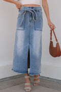 Dusk Blue Light Wash Belted Midi denim SKirt