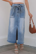 Load image into Gallery viewer, Dusk Blue Light Wash Belted Midi denim SKirt
