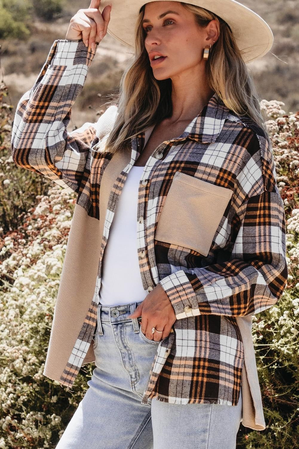 Khaki Thermal Knit Plaid Patchwork Shacket / jacket