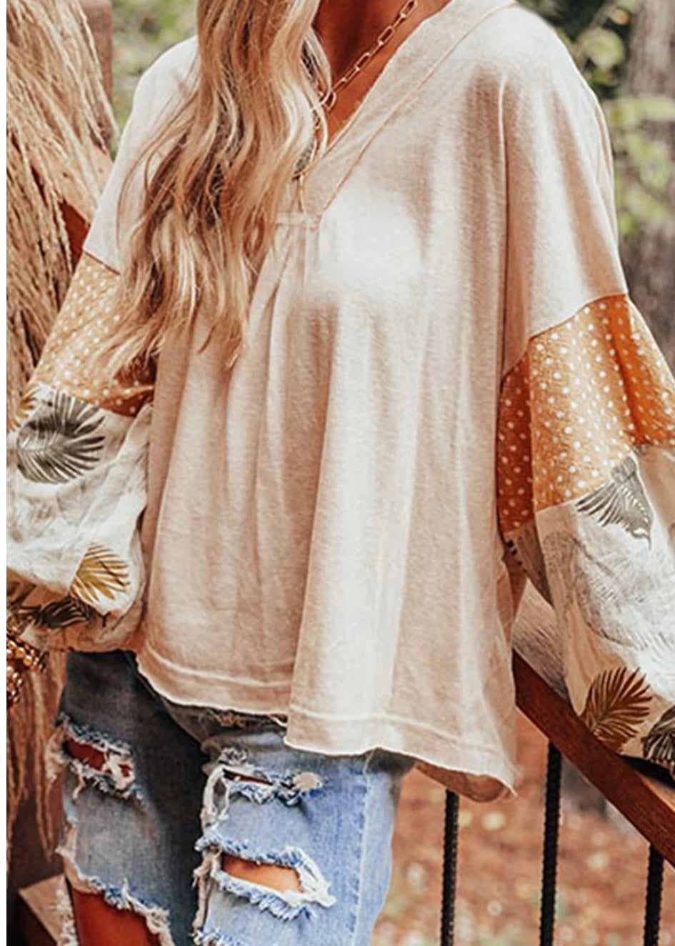 Patchwork Puff Sleeve V Neck Blouse