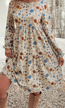 Load image into Gallery viewer, Khaki Ruffled Printed Round Neck Long Sleeve Dress
