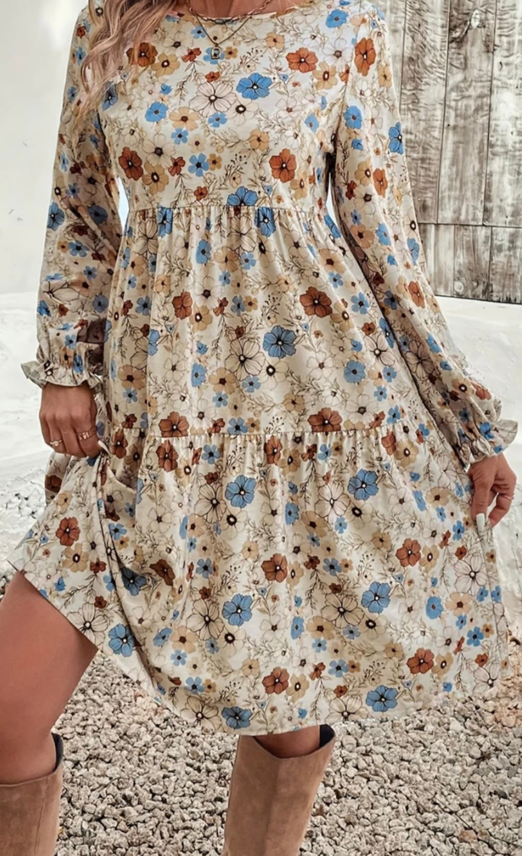 Khaki Ruffled Printed Round Neck Long Sleeve Dress