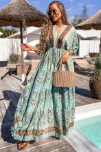 Load image into Gallery viewer, Green Boho Floral Open back High waist Maxi
